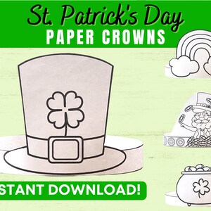 Puede incluir: Coronas de papel imprimibles para el Día de San Patricio. El conjunto incluye un sombrero de duende, una olla de oro, un arcoíris y un sombrero de trébol. Descarga instantánea.