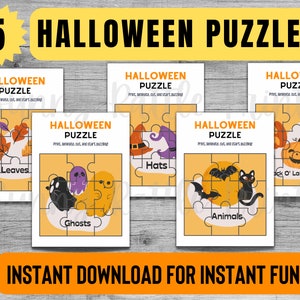May include: Five Halloween-themed jigsaw puzzles. Each puzzle features a different Halloween image, including leaves, ghosts, hats, animals, and Jack O' Lanterns. The puzzles are designed for printing, laminating, cutting, and assembling. Text on the image reads "Instant Download for Instant Fun!"