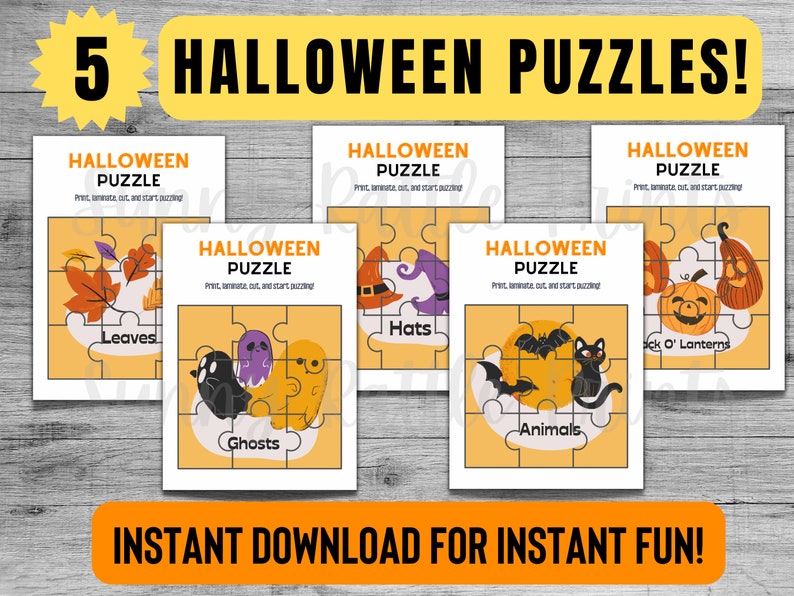 May include: Five Halloween-themed jigsaw puzzles. Each puzzle features a different Halloween image, including leaves, ghosts, hats, animals, and Jack O' Lanterns. The puzzles are designed for printing, laminating, cutting, and assembling. Text on the image reads "Instant Download for Instant Fun!"