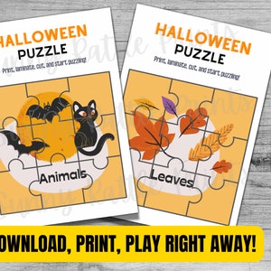 May include: Two Halloween-themed puzzles with orange and yellow backgrounds. One puzzle features a black cat and bats, labeled "Animals." The other shows autumn leaves, labeled "Leaves." The text reads "HALLOWEEN PUZZLE" and "DOWNLOAD, PRINT, PLAY RIGHT AWAY!"