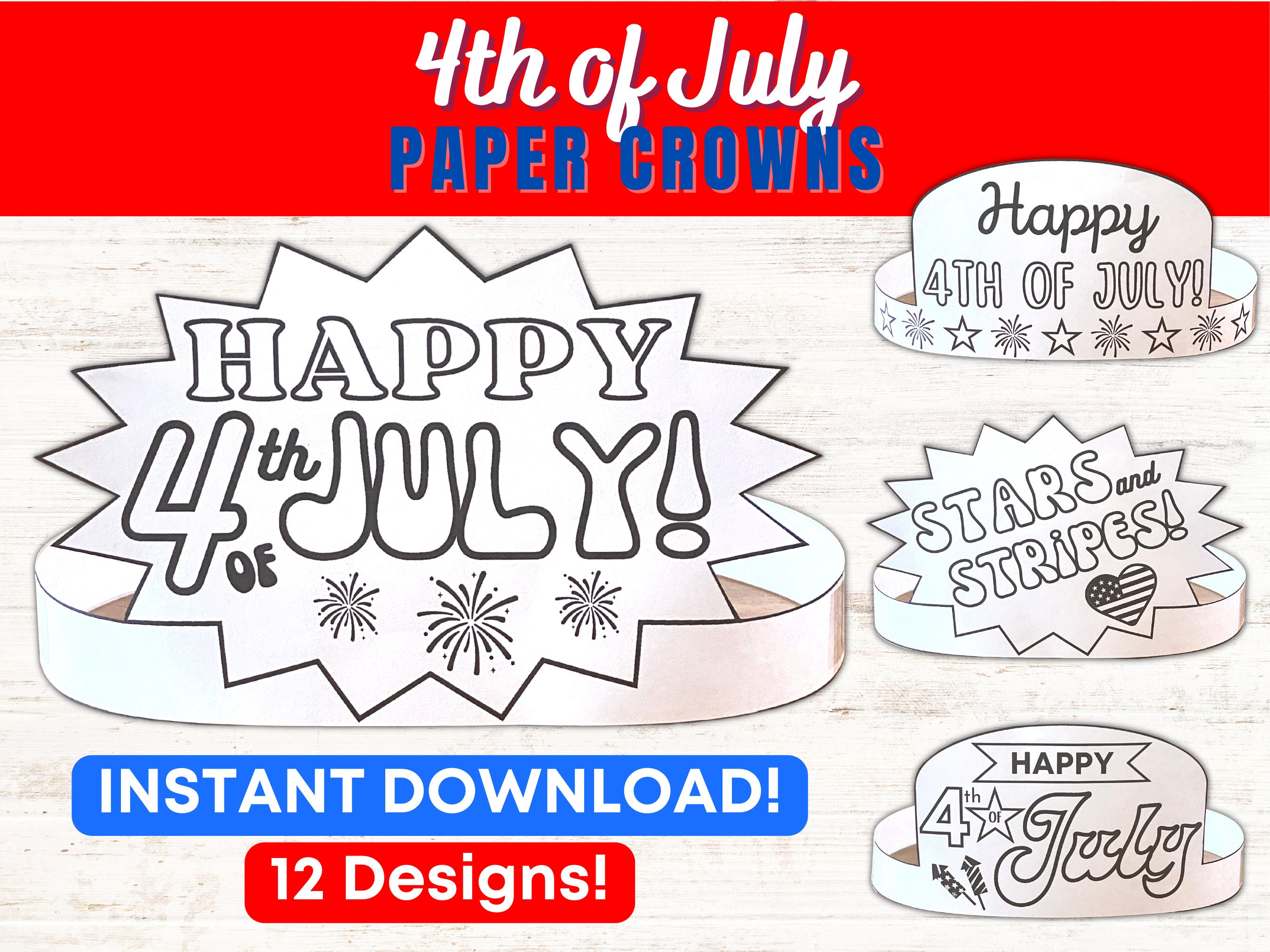 Fourth of July Paper Crown Hats | 4th of July Kids Craft Activity | Independence DayColoring Printable | INSTANT DOWNLOAD