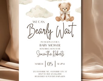 Invito per baby shower "We Can Barely Wait" / Baby shower gender neutral / Invito per orsacchiotto boho / Modello modificabile