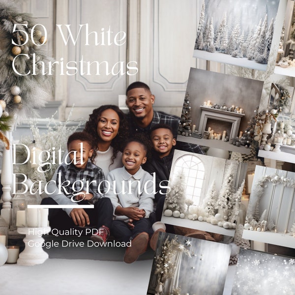 50 White Christmas Digital Backgrounds - Front Porch, Christmas Trees, Fireplace, Studio