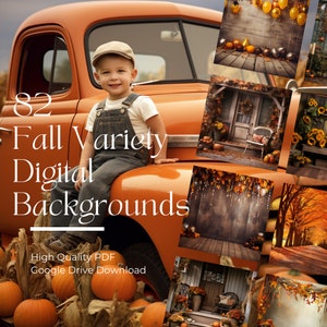 May include: 82 Fall Variety Digital Backgrounds. High Quality PDF Google Drive Download. A collage of images featuring fall-themed backgrounds, including a rustic porch, a forest path, and a wooden floor with pumpkins and leaves.