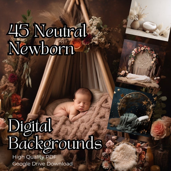 45 Neutral Newborn Digital Backgrounds - Rustic, Boho, Moon & Stars,