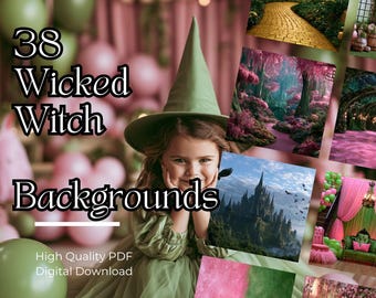 48 Wicked Witch Digital Backgrounds - City, Pink & Green, Birthday