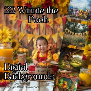 Puede incluir: 22 fondos digitales de Winnie the Pooh. PDF de alta calidad, descarga de Google Drive. La imagen muestra un collage de diferentes fondos con personajes de Winnie the Pooh, un tarro de miel y un bebé con una camisa amarilla y un mono rojo.