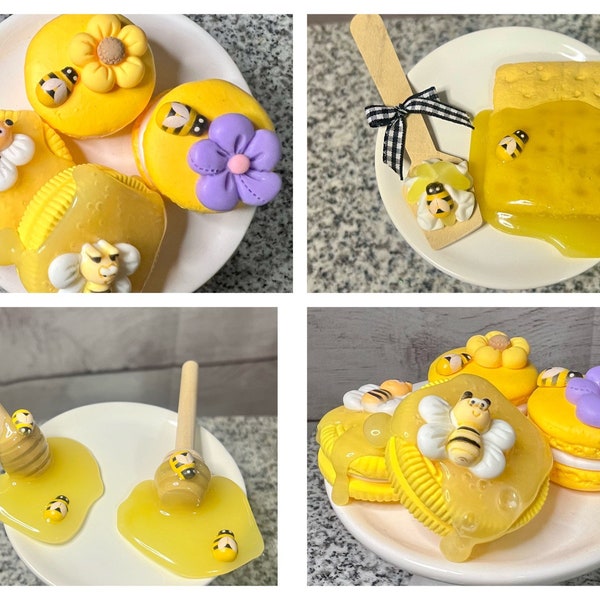 Bee Cookies, Bee Macarons, Fake Food, Honey Dippers, Tiered Tray Decor, Bee Decor, Fake Bake, Bee Party Decor, Bee Tiered Tray, Honey Sticks