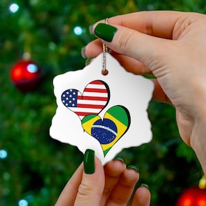 Brazil USA hearts Christmas Tree Ornament, Brazilian American Ornament, Brazilian Christmas Tree, Brazil USA flag Christmas Ornament