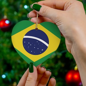 Brazil USA Ceramic Ornament, Brazilian Heart Christmas Ornament, Brazilian American Christmas Decor, Gift for Brazilian