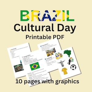 May include: A printable PDF titled "Brazil Cultural Day" with graphics. The image includes information about Brazil's geography, population, and language. The design features the Brazilian flag and other cultural symbols.
