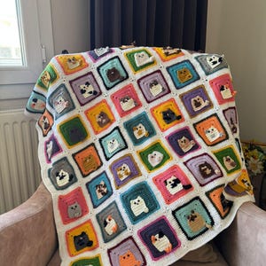Handmade Crochet Cat Blanket – Colorful Granny Square Throw – Kawaii Home Decor