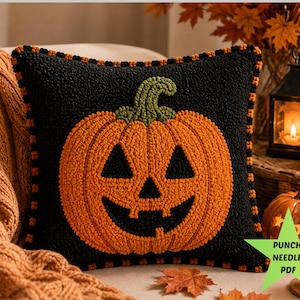 Molde Punch Needle Halloween PDF, Abóbora Jack O Lantern, Padrão Almofada Halloween, Bordado de Outono, Decoração Halloween Digital