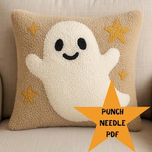 Halloween Punch Needle Pattern: Spooky Ghosts, Stars Cushion (PDF Download)