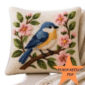 Pattern Punch Needle Uccello PDF, Cuscino Floreale, Fiori Ricamo, Decorazione Casa DIY, Download Istantaneo