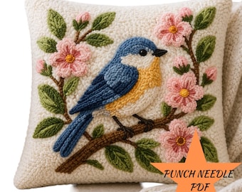 Punch Needle Vogel Muster PDF, Blumen Kissen Design, Stickvorlage, DIY Wohndeko, Sofortiger Download