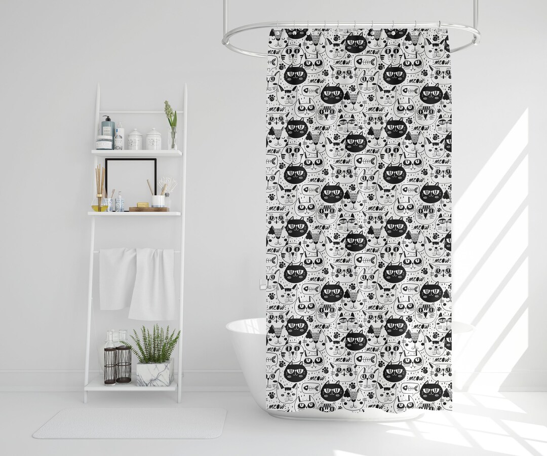 Cute Black and White Cat Shower Curtain Bathroom Shower Etsy
