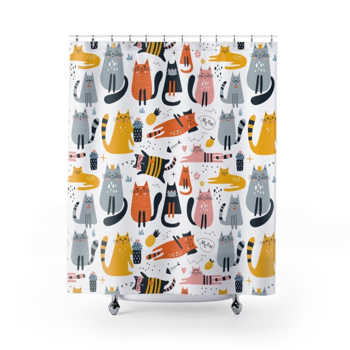 Colourful Cat Cartoon, Shower Curtain Bathroom, Shower Curtain Waterproof Polyester Fabric