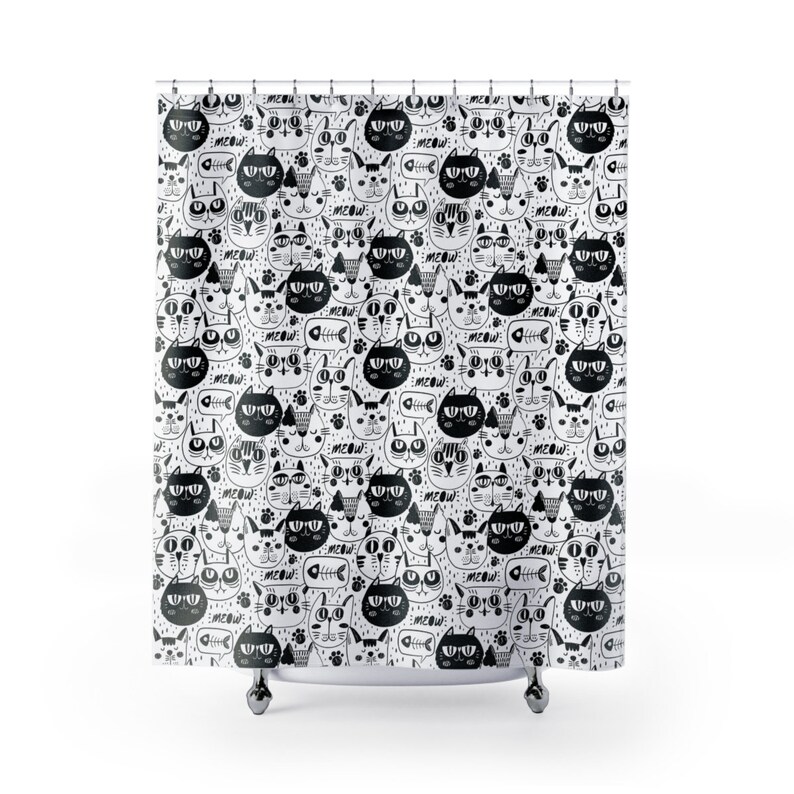 Cute Black and White Cat Shower Curtain Bathroom Shower Etsy