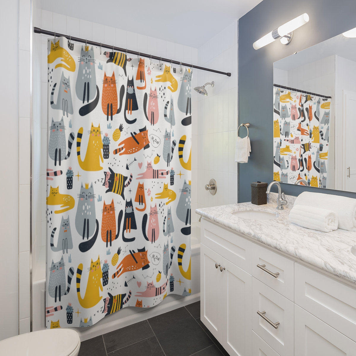 Colourful Cat Cartoon, Shower Curtain Bathroom, Shower Curtain