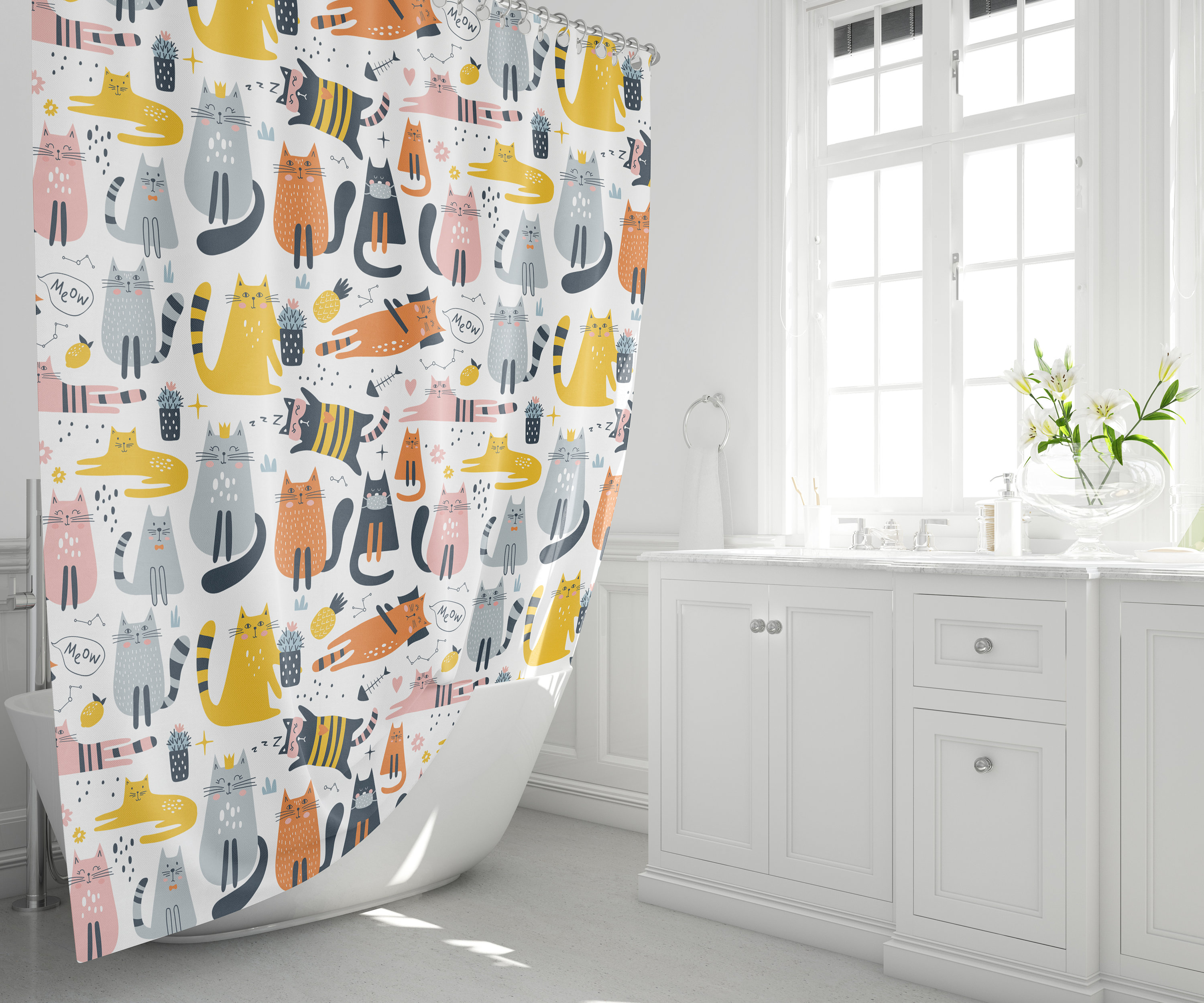 Colourful Cat Cartoon, Shower Curtain Bathroom, Shower Curtain Waterproof Polyester Fabric