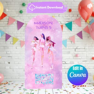 May include: A digital party backdrop with three animated figures in white and gold outfits, the text "MADISON TURNS 5" and "KPOP DEMON HUNTERS" on a pink and purple background. Includes "Instant Download" and "Edit in Canva" text.