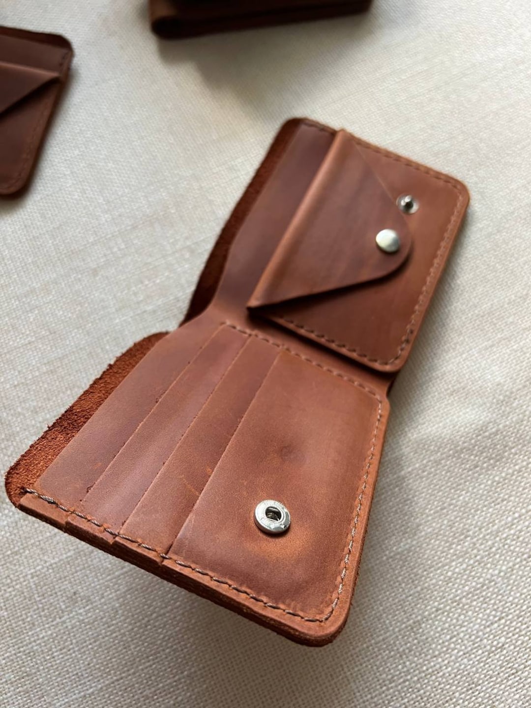 Cognac Brown Leather Bifold Wallet. Genuine Leather Wallet With Coin