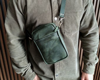 Genuine leather green messenger bag. Handmade shoulder bag with metal furniture. Thick durable leather