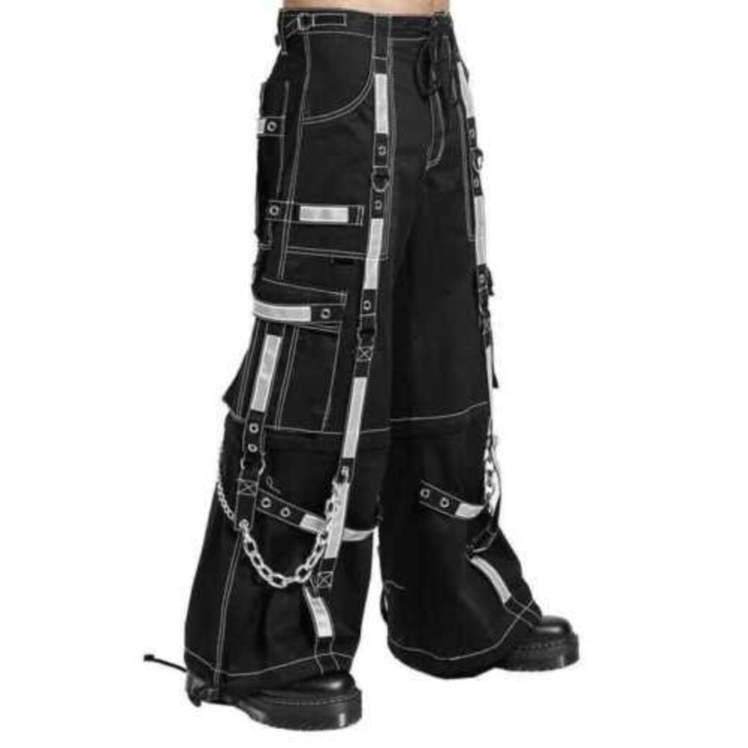 Men's Gothic Pant Threads Reflective Pant Zip off Into Shorts Black Punk Buckle Zips Chain Strap