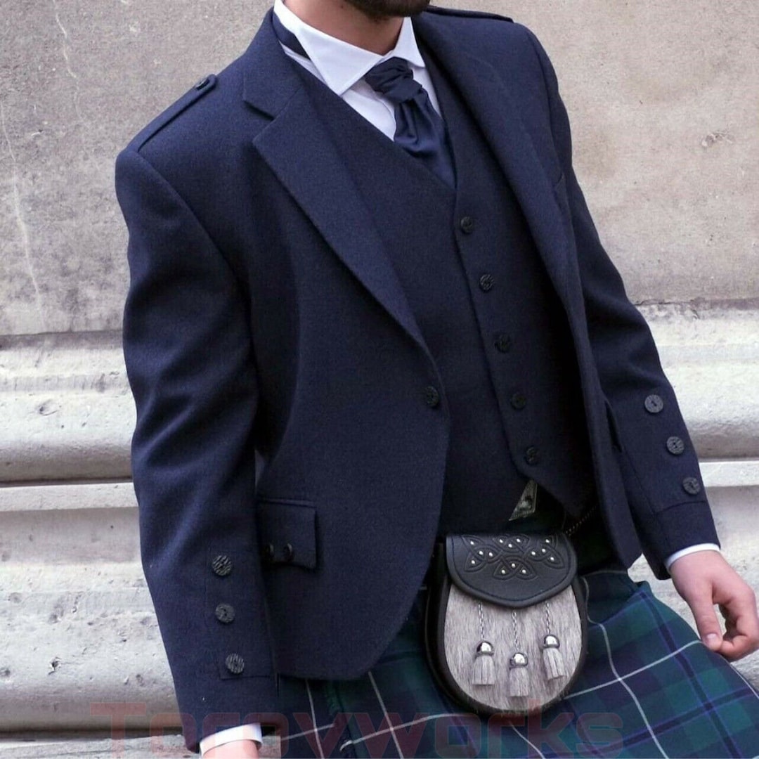 Men's Navy Blue Wool Kilt Jacket With Waistcoat Argyle Wedding Kilt