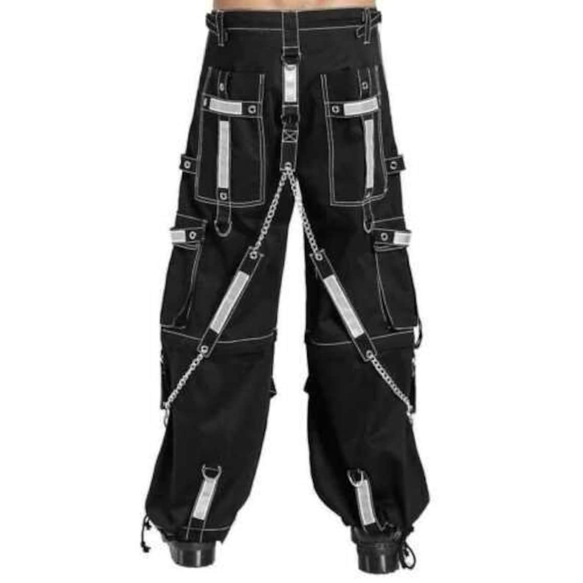 Men's Gothic Pant Threads Reflective Pant Zip off Into Shorts Black Punk Buckle Zips Chain Strap