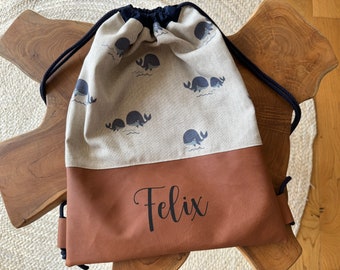 personalisierter Turnbeutel / Rucksack für Kinder. Turnbeutel aus Canvas, Baumwolle und Kunstleder. Motiv: Wal