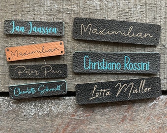 Waschbare Namensetikette, 5er-Set. Personalisierte Label aus Kunstleder. Lasergravierter Aufnäher zur Kennzeichnung von Bekleidung