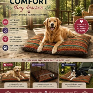May include: A rectangular pet bed featuring a multi-colored geometric pattern with stripes of orange, teal, and brown. The bed is shown in three settings: on a wooden deck, inside a wire kennel, and outdoors, with dogs resting on the surface.