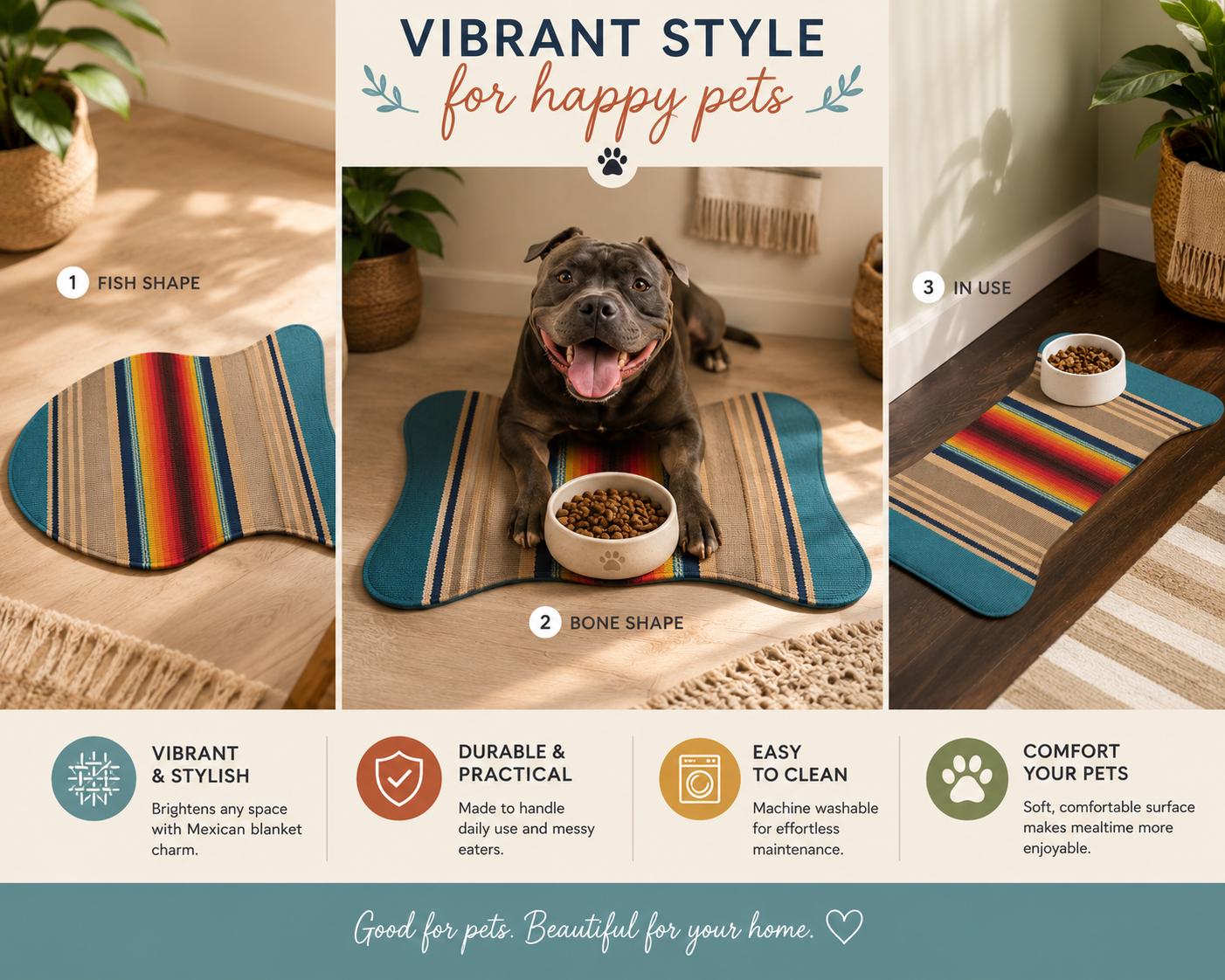Mexican Blanket Pet Feeding Mat, Colorful Dog Bowl Placemat