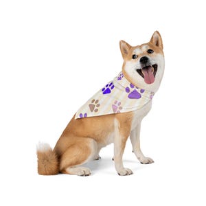 Pet Bandana, Dog Scarf, Cat Neckerchief, Puppy Accessories, Animal Lover Gift, Beige and White Bandana with Colorful Pet Paw Print