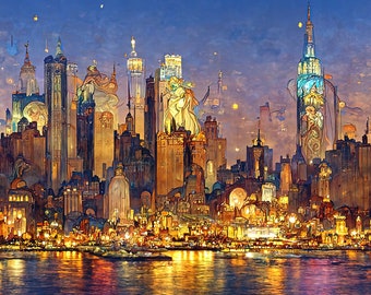 Manhattan New York City Skyline at Night Abstract Art Nouveau