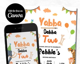 Yabba Dabba Two | 2nd Birthday Invite | 2 Years Old | Customisable Prehistoric Party | Editable Kids Digital Invitation | Canva Template