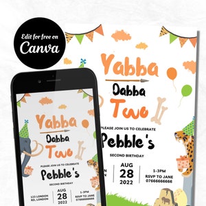 Yabba Dabba Two 2nd Birthday Invite 2 Years Old Customisable
