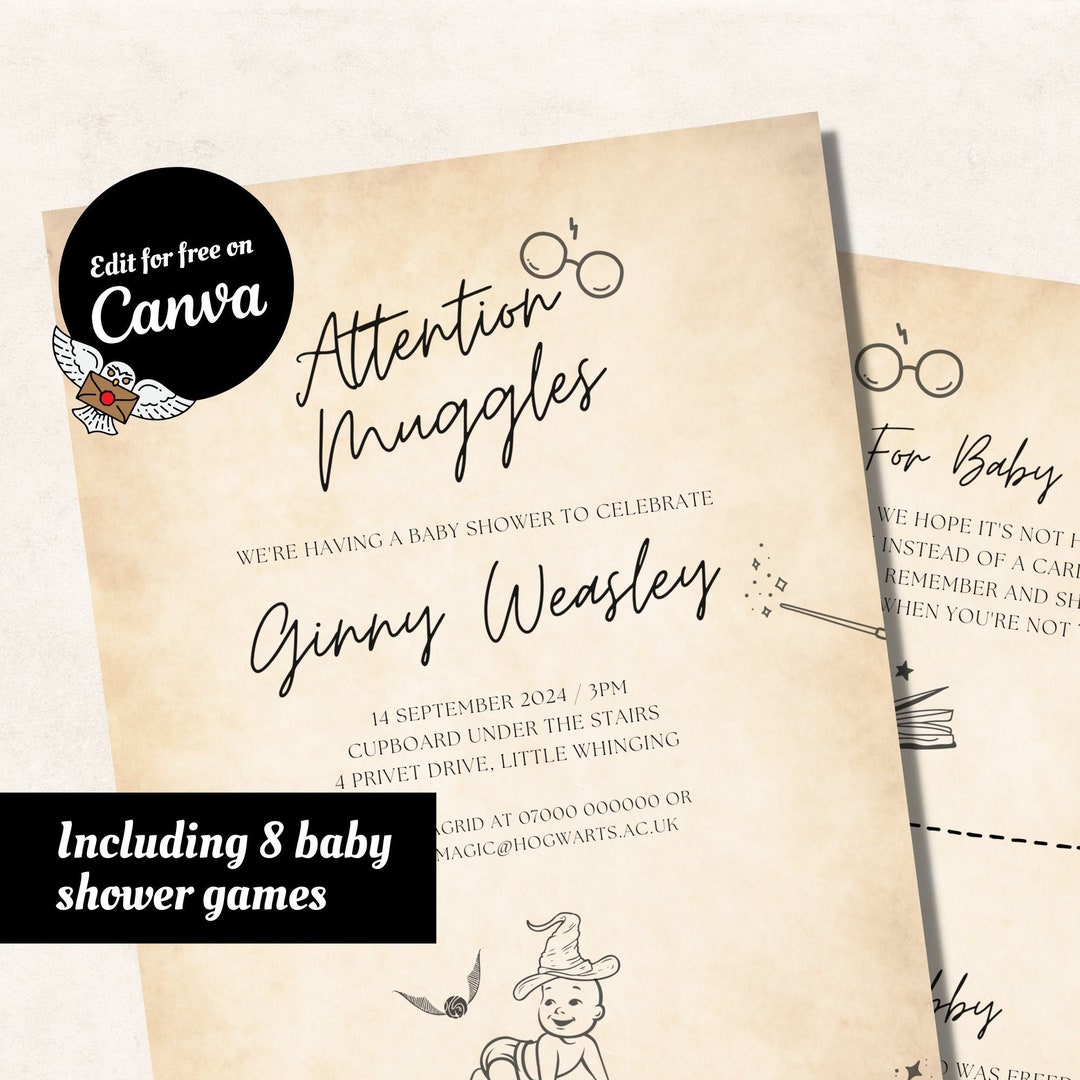 Harry Potter Baby Shower Invitation and Game Bundle Editable Wizard Baby Shower Invite Instant Download Canva Template Etsy