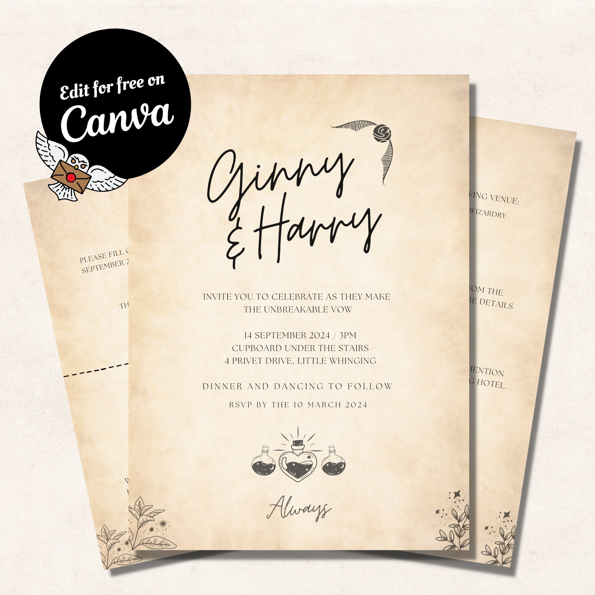 Harry Potter Wedding Invites Magical Digital Invitation Set Wizard Magic  Canva Template 