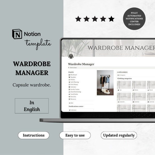 Notion Template Wardrobe Manager, Notion Outfit Planner, Notion Closet Organizer, Notion Dashboard, Notion Aesthetic, Notion Minimal Planner