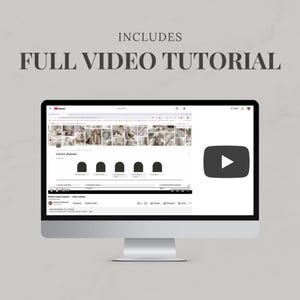 May include: A computer monitor displaying a YouTube video page titled Notion Career planner with a video tutorial. The text INCLUDES FULL VIDEO TUTORIAL is positioned above the monitor, and a large black play button icon is on the right side.