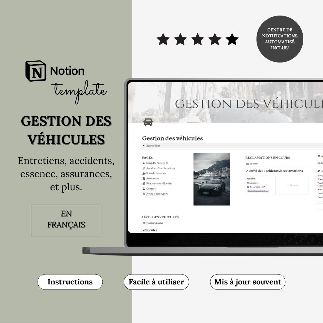 Template Notion Gestion des Véhicules | Suivi Maintenance, Essence & Assurances | Tableau de Bord Notion français | Suivi kilométrage