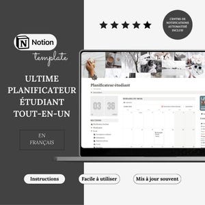 May include: A laptop screen displaying a Notion template for student planning. The template includes a calendar, sections for planning, and a section for notes. The text on the screen reads "Planificateur étudiant" and "HORAIRE DU MOIS".