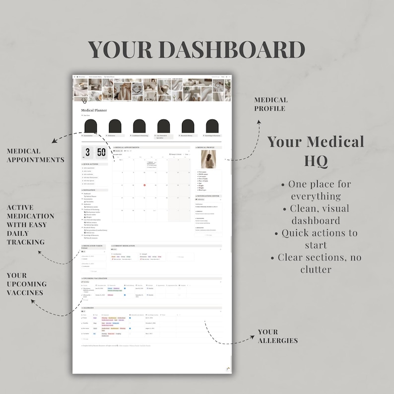 Planejador Médico com Modelo Notion | Rastreador de Saúde e Medicamentos, Registro de Vacinação, Painel de Estética | Planejador de Vida e Saúde imagem 3