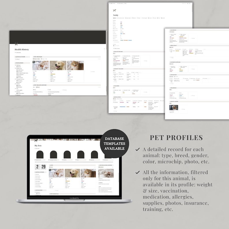 Plantilla Notion para planificador de mascotas, rastreador de mascotas, plantilla Notion Life y panel de control para el hogar, para el cuidado de mascotas, estética, en inglés y digital. imagen 5