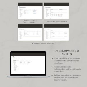 May include: A digital template for professional development, resume information, and performance reviews displayed on a laptop screen and four smaller preview windows. Text includes DEVELOPMENT & SKILLS, with bullet points detailing tracking.