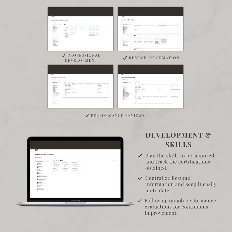 May include: A digital template for professional development, resume information, and performance reviews displayed on a laptop screen and four smaller preview windows. Text includes DEVELOPMENT & SKILLS, with bullet points detailing tracking.
