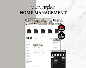 Op de afbeelding: Een digitale Notion-sjabloon voor huishoudelijk beheer weergegeven op een tablet- en smartphonescherm. De interface bevat een dashboard met boogvormige iconen, een digitale klok en takenlijsten. Tekst: "notion template", "HOME MANAGEMENT", "Made for Notion", "tutorial", "In English".